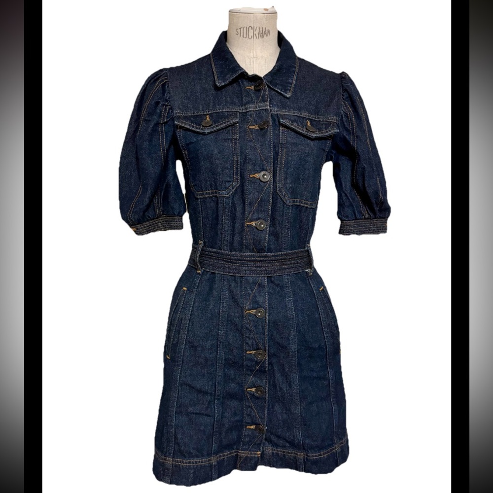 SOLD - Vintage Y2K French Connection Mini Denim Dress Button Up Bow Puff Sleeve